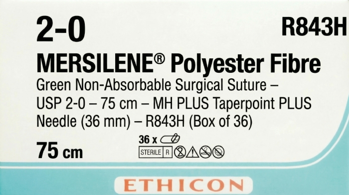 Ethicon MERSILENE™ Polyester Fibre Green Non-Absorbable Surgical Suture – USP 2-0 – 75 cm – MH PLUS Taperpoint PLUS Needle (36 mm) – R843H (Box of 36)
