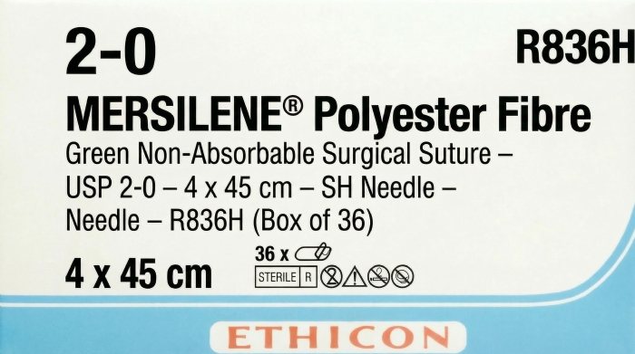 Ethicon MERSILENE™ Polyester Fibre Green Non-Absorbable Surgical Suture – 4 x 45 cm – SH Needle – R836H (Box of 36)