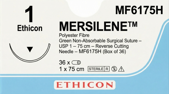 Ethicon MERSILENE™ Polyester Fibre Green Non-Absorbable Surgical Suture – USP 1 – 75 cm – Reverse Cutting Needle – MF6175H (Box of 36)