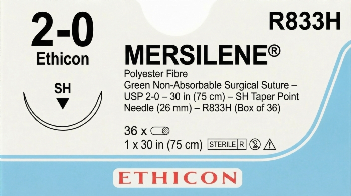 Ethicon MERSILENE® Polyester Fibre Green Non-Absorbable Surgical Suture – USP 2-0 – 30 in (75 cm) – SH Taper Point Needle (26 mm) – R833H (Box of 36)