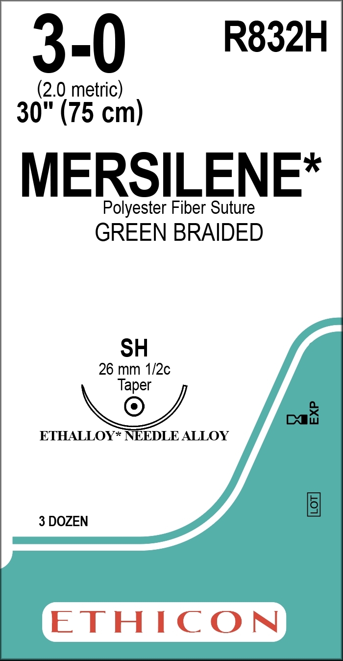 Ethicon MERSILENE® Polyester Fibre Green Non-Absorbable Surgical Suture – USP 3-0 – 30 in (75 cm) – SH Taper Point Needle (26 mm) – R832H (Box of 36)