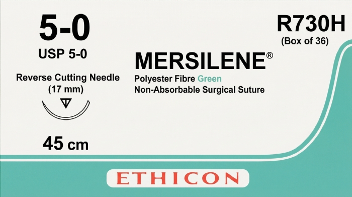 Ethicon MERSILENE™ Polyester Fibre Green Non-Absorbable Surgical Suture – USP 5-0 – 45 cm – Reverse Cutting Needle (17 mm) – R730H (Box of 36)