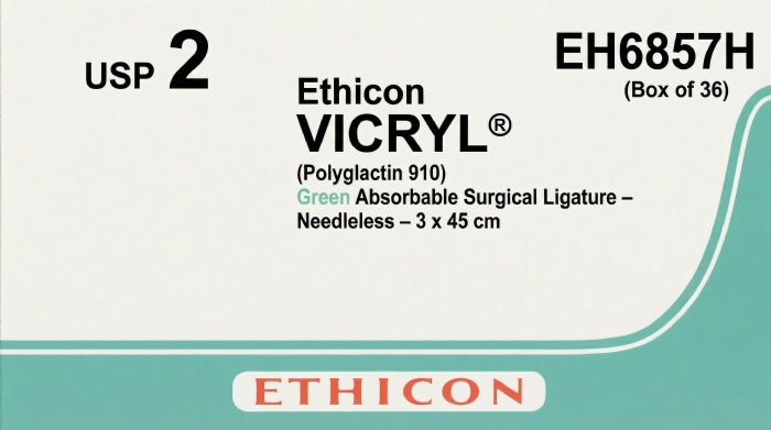 Ethicon VICRYL® (Polyglactin 910) Green Absorbable Surgical Ligature – USP 2 – 3 x 45 cm – Needleless – EH6857H (Box of 36)