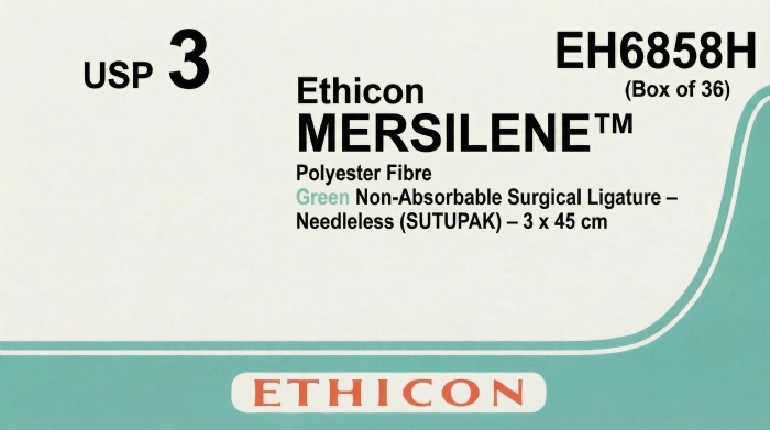 Ethicon MERSILENE™ Polyester Fibre Green Non-Absorbable Surgical Ligature – USP 3 – 3 x 45 cm – Needleless (SUTUPAK) – EH6858H (Box of 36)