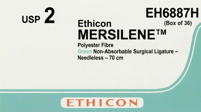 Ethicon MERSILENE™ Polyester Fibre Green Non-Absorbable Surgical Ligature – USP 2 – 70 cm – Needleless – EH6887H (Box of 36)
