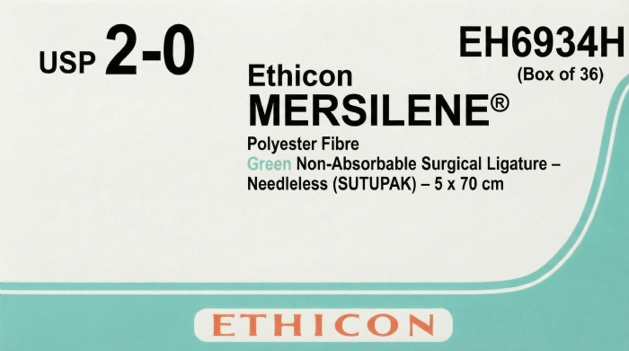 Ethicon MERSILENE® Polyester Fibre Green Non-Absorbable Surgical Ligature – USP 2-0 – 5 x 70 cm – Needleless (SUTUPAK) – EH6934H (Box of 36)