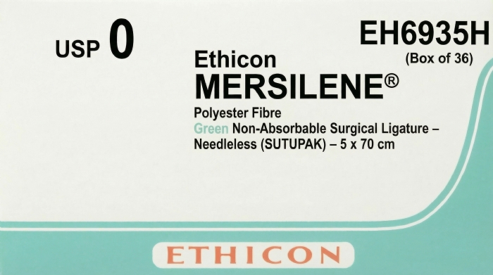 Ethicon MERSILENE® Polyester Fibre Green Non-Absorbable Surgical Ligature – USP 0 – 5 x 70 cm – Needleless (SUTUPAK) – EH6935H (Box of 36)