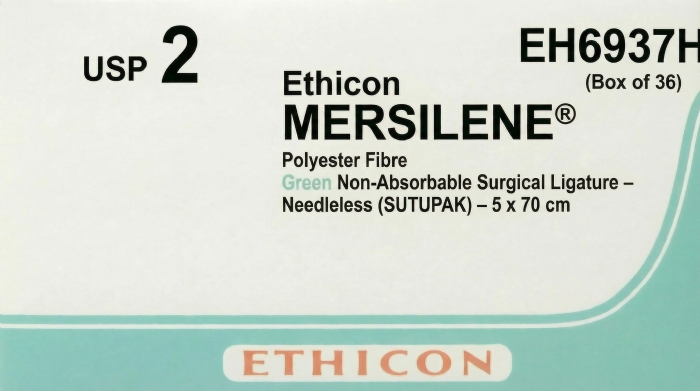 Ethicon MERSILENE® Polyester Fibre Green Non-Absorbable Surgical Ligature – USP 2 – 5 x 70 cm – Needleless (SUTUPAK) – EH6937H (Box of 36)