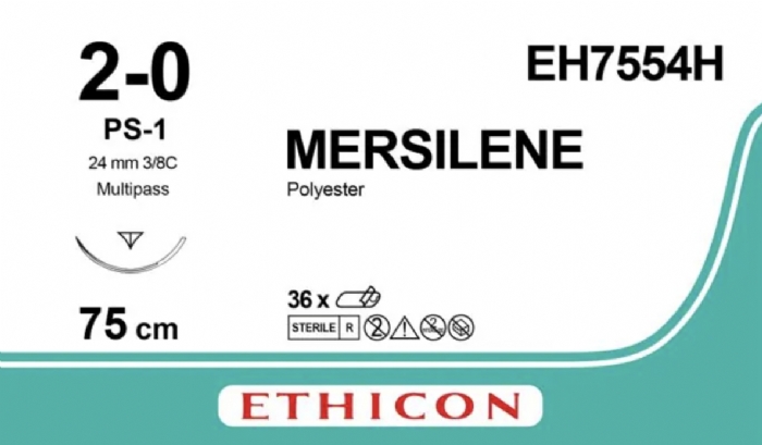 Ethicon MERSILENE® Polyester Fibre Green Non-Absorbable Surgical Suture – USP 2-0 – 75 cm – PS-1 PRIME™ Reverse Cutting Needle – EH7554H (Box of 36)
