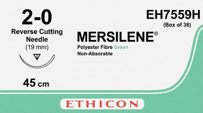 Ethicon MERSILENE™ Polyester Fibre Green Non-Absorbable Surgical Suture – USP 2-0 – 45 cm – Reverse Cutting Needle (19 mm) – EH7559H (Box of 36)