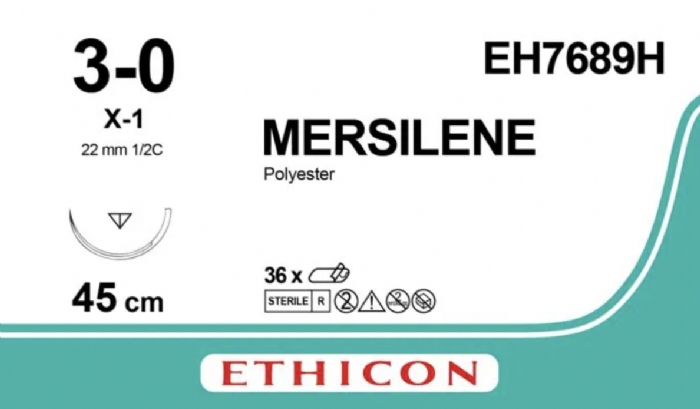 Ethicon MERSILENE® Polyester Fibre Green Non-Absorbable Surgical Suture – USP 3-0 – 45 cm – X-1 Reverse Cutting Needle – EH7689H (Box of 36)