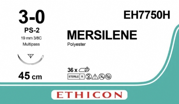 Ethicon MERSILENE® Polyester Fibre Green Non-Absorbable Surgical Suture – USP 3-0 – 45 cm – PS-2 PRIME™ Reverse Cutting Needle – EH7750H (Box of 36)