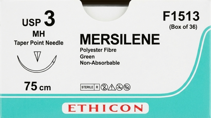 Ethicon MERSILENE® Polyester Fibre Green Non-Absorbable Surgical Suture – USP 3 – 75 cm – MH Taper Point Needle – F1513 (Box of 36)