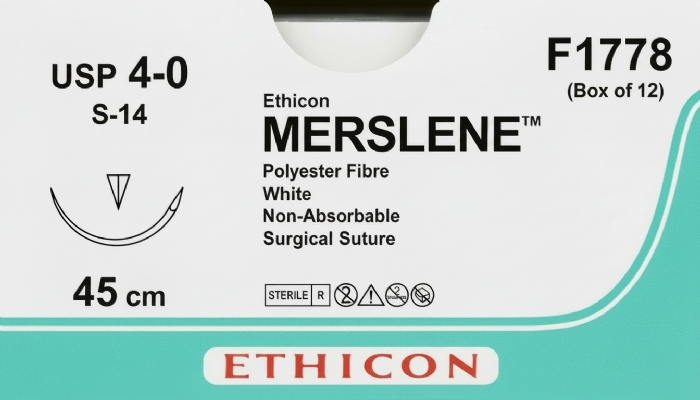 Ethicon MERSILENE™ Polyester Fibre White Non-Absorbable Surgical Suture – USP 4-0 – 45 cm – S-14 Needle – F1778 (Box of 12)