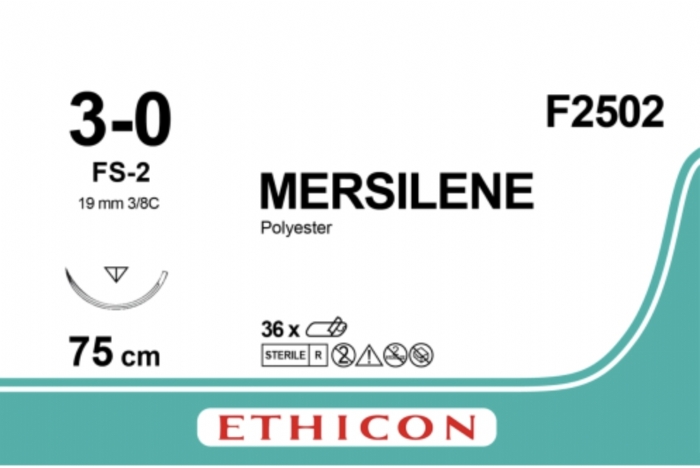 Ethicon MERSILENE™ Polyester Fibre Green Non-Absorbable Surgical Suture – USP 3-0 – 75 cm – FS-2 Reverse Cutting Needle (19 mm) – F2502 (Box of 36)