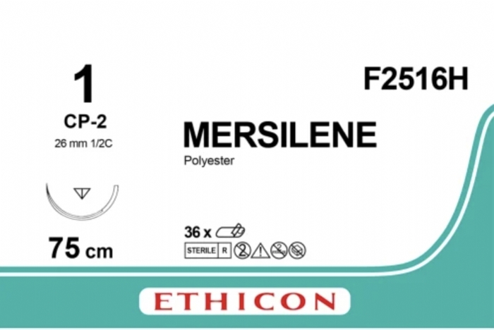 Ethicon MERSILENE™ Polyester Fibre Green Non-Absorbable Surgical Suture – USP 1 – 75 cm – CP-2 Reverse Cutting Needle (26 mm) – 1/2 Circle – F2516H (Box of 36)