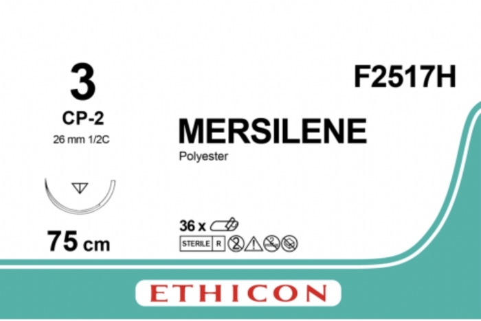 Ethicon MERSILENE™ Polyester Fibre Green Non-Absorbable Surgical Suture – USP 3 – 75 cm – CP-2 Reverse Cutting Needle (26 mm) – 1/2 Circle – F2517H (Box of 36)