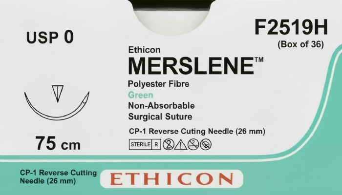 Ethicon MERSILENE™ Polyester Fibre Green Non-Absorbable Surgical Suture – USP 0 – 75 cm – CP-1 Reverse Cutting Needle – F2519H (Box of 36)