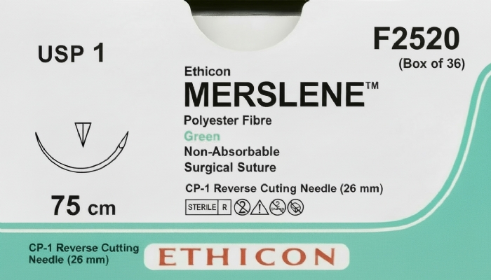 Ethicon MERSILENE™ Polyester Fibre Green Non-Absorbable Surgical Suture – USP 1 – 75 cm – CP-1 Reverse Cutting Needle – F2520 (Box of 36)