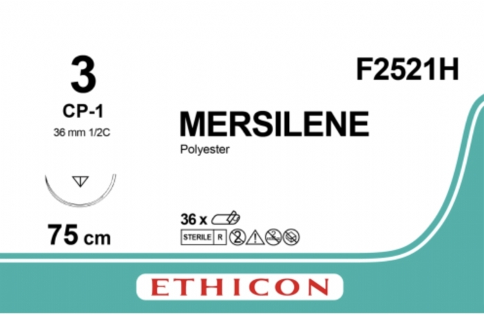 Ethicon MERSILENE™ Polyester Fibre Green Non-Absorbable Surgical Suture – USP 3 – 75 cm – CP-1 Reverse Cutting Needle (36 mm) – F2521H (Box of 36)