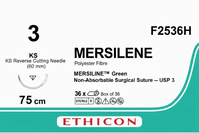 Ethicon MERSILENE™ Polyester Fibre Green Non-Absorbable Surgical Suture – USP 3 – 75 cm – KS Reverse Cutting Needle (60 mm) – F2536H (Box of 36)