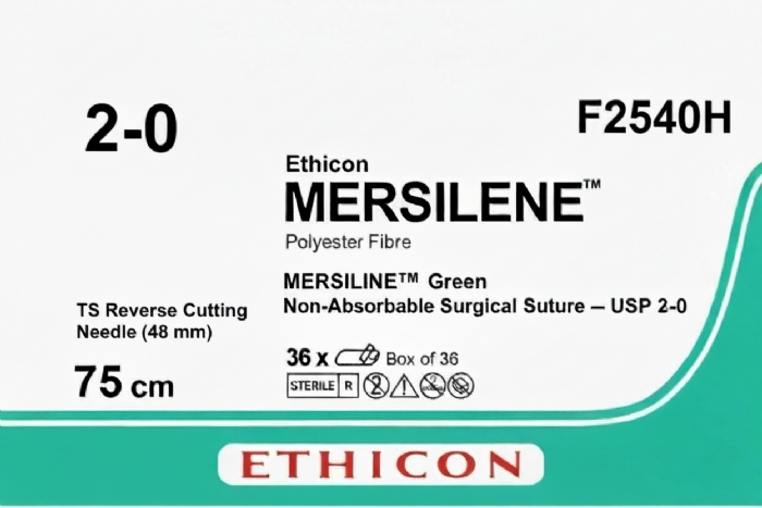 Ethicon MERSILENE™ Polyester Fibre Green Non-Absorbable Surgical Suture – USP 2-0 – 75 cm – TS Reverse Cutting Needle (48 mm) – F2540H (Box of 36)