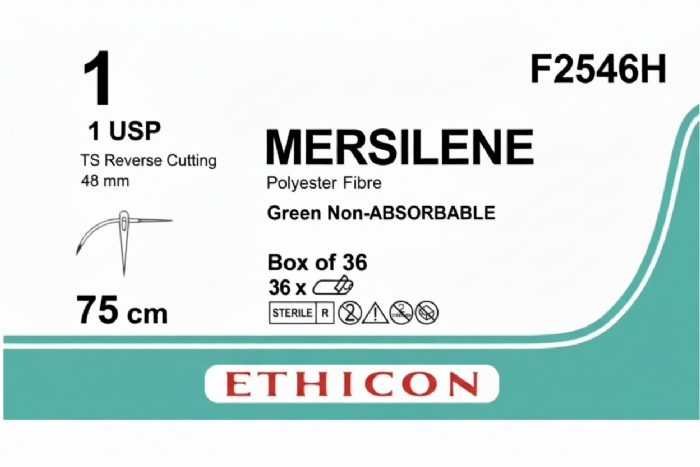 Ethicon MERSILENE™ Polyester Fibre Green Non-Absorbable Surgical Suture – USP 1 – 75 cm – TS Reverse Cutting Needle (48 mm) – F2546H (Box of 36)