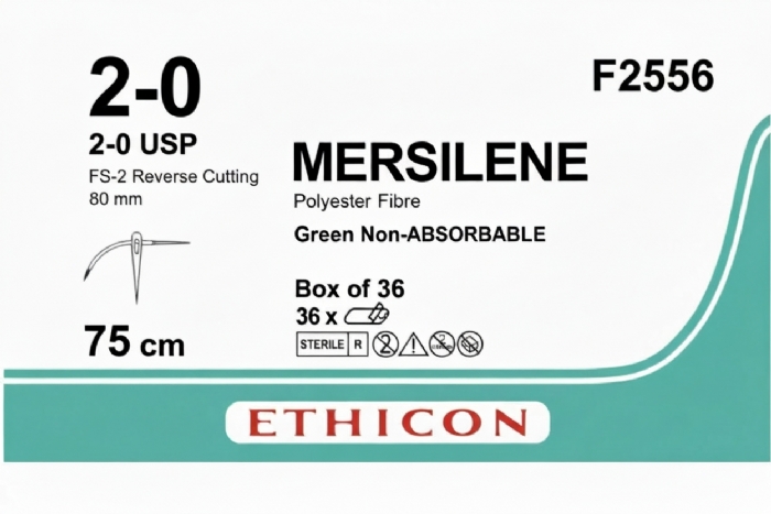 Ethicon MERSILENE™ Polyester Fibre Green Non-Absorbable Surgical Suture – USP 2-0 – 75 cm – FS-2 Reverse Cutting Needle – F2556 (Box of 36)