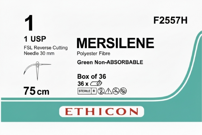 Ethicon MERSILENE™ Polyester Fibre Green Non-Absorbable Surgical Suture – USP 1 – 75 cm – FSL Reverse Cutting Needle (30 mm) – F2557H (Box of 36)