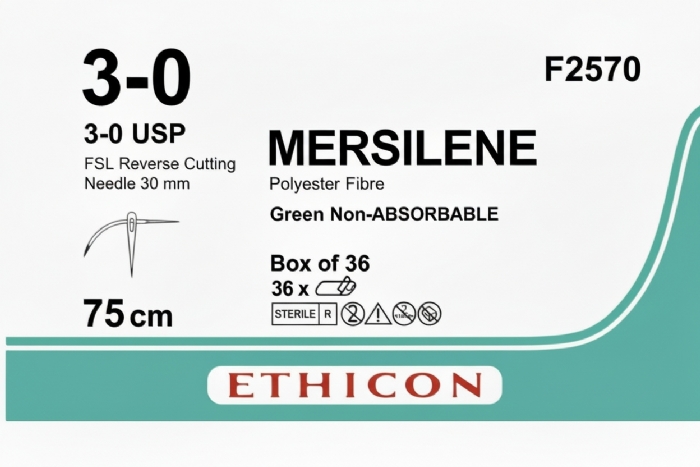 Ethicon MERSILENE™ Polyester Fibre Green Non-Absorbable Surgical Suture – USP 3-0 – 75 cm – Reverse Cutting Needle (30 mm) – F2570 (Box of 36)