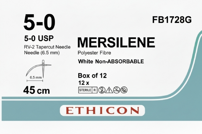 Ethicon MERSILENE™ Polyester Fibre White Non-Absorbable Surgical Suture – USP 5-0 – 45 cm – RV-2 Tapercut Needle (6.5 mm) – FB1728G (Box of 12)