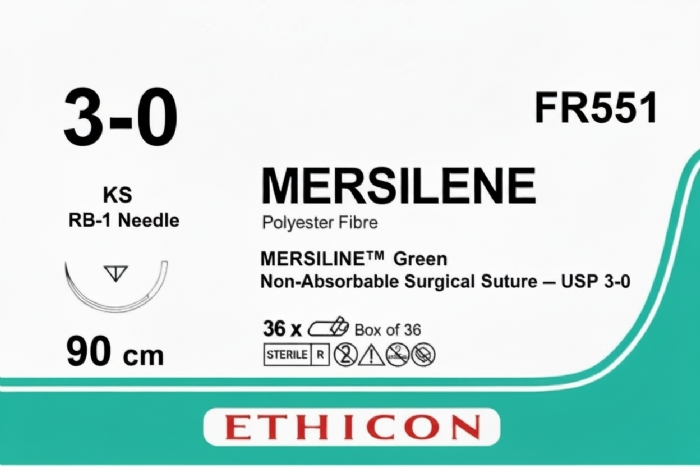 Ethicon MERSILENE™ Polyester Fibre Green Non-Absorbable Surgical Suture – USP 3-0 – 90 cm – RB-1 Needle – FR551 (Box of 36)