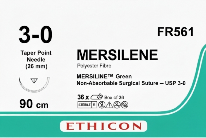 Ethicon MERSILENE™ Polyester Fibre Green Non-Absorbable Surgical Suture – USP 3-0 – 90 cm – Taper Point Needle (26 mm) – FR561 (Box of 36)