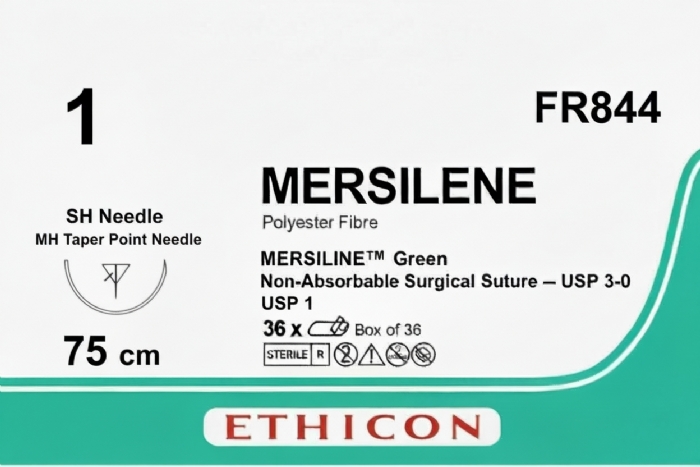 MERSILENE™ 1 green braided polyester non-absorbable suture with 75 cm strand and MH taper point needle. Provides durable permanent tensile support for precise soft tissue approximation.