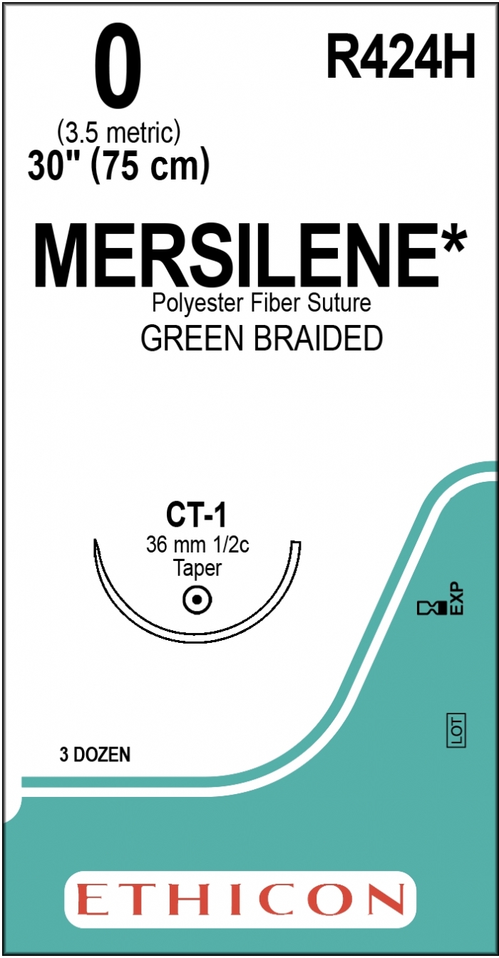 Ethicon MERSILENE™ Polyester Fibre Green Non-Absorbable Surgical Suture – USP 0 – 30 in (76 cm) – CT-1 Taper Point Needle (36 mm) – R424H (Box of 36)