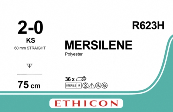 Ethicon MERSILENE™ Polyester Fibre Green Non-Absorbable Surgical Suture – USP 2-0 – 75 cm – KS Reverse Cutting Needle – R623H (Box of 36)