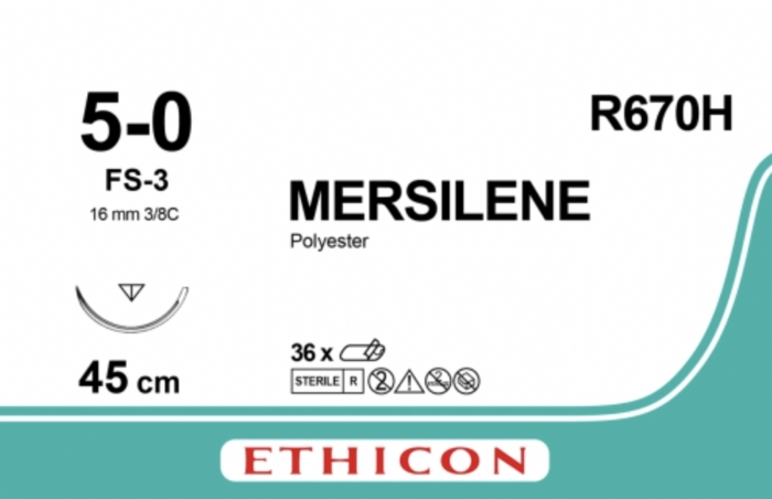 Ethicon MERSILENE™ Polyester Fibre Green Non-Absorbable Surgical Suture – USP 5-0 – 45 cm – FS-3 Reverse Cutting Needle – R670H (Box of 36)