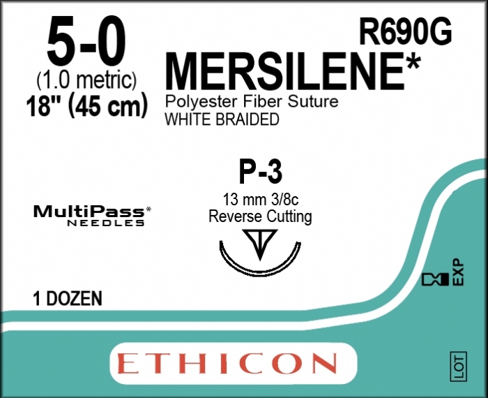 Ethicon MERSILENE™ Polyester Fibre White Non-Absorbable Surgical Suture – USP 5-0 – 18 in (45 cm) – P-3 Cutting Edge Prime Reverse Needle (13 mm) – MULTIPASS® – R690G (Box of 12)