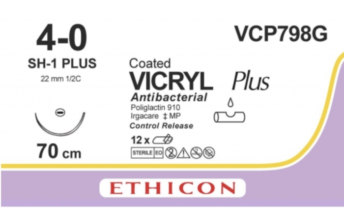 Ethicon COATED VICRYL® Plus Antibacterial (Polyglactin 910) Absorbable Surgical Suture – USP 2-0 – 4 × 45 cm – Violet – MH Taper Point Needle – VCP786G (Box of 12)