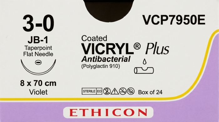 Ethicon COATED VICRYL® Plus Antibacterial (Polyglactin 910) Absorbable Surgical Suture – USP 3-0 – 8 × 70 cm – Violet – JB-1 Taperpoint Flat Needle – VCP7950E (Box of 24)