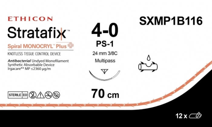 Ethicon STRATAFIX™ Spiral MONOCRYL™ Plus Antibacterial (Poliglecaprone 25) Absorbable Barbed Suture – USP 4-0 – 70 cm – Undyed – PS-1 PRIME MP Reverse Cutting Needle (24 mm) – SXMP1B116 (Box of 12)