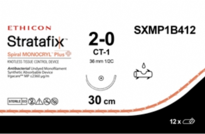 Ethicon STRATAFIX™ Spiral MONOCRYL™ Plus Antibacterial (Poliglecaprone 25) Absorbable Barbed Suture – USP 2-0 – 12 in (30 cm) – Undyed – CT-1 Taper Point Needle (36 mm) – SXMP1B412 (Box of 12)
