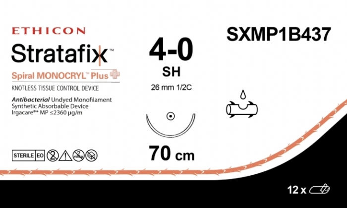 Ethicon STRATAFIX™ Spiral PDS™ Plus Antibacterial (Polydioxanone) Absorbable Barbed Suture – USP 4-0 – 70 cm – Undyed – SH Taper Point Needle (26 mm) – SXMP1B437 (Box of 12)