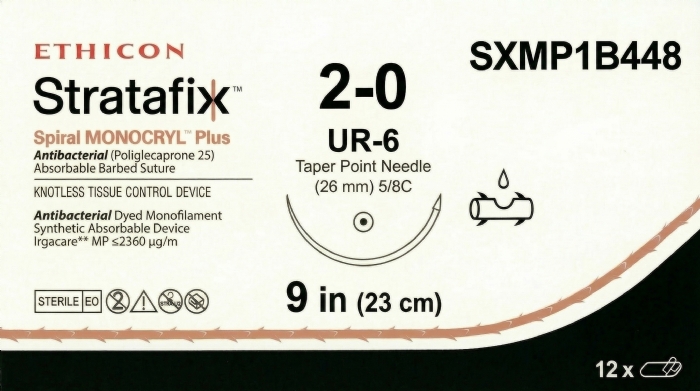 Ethicon STRATAFIX™ Spiral MONOCRYL™ Plus Antibacterial (Poliglecaprone 25) Absorbable Barbed Suture – USP 2-0 – 9 in (23 cm) – Dyed – UR-6 Taper Point Needle (26 mm) – SXMP1B448 (Box of 12)
