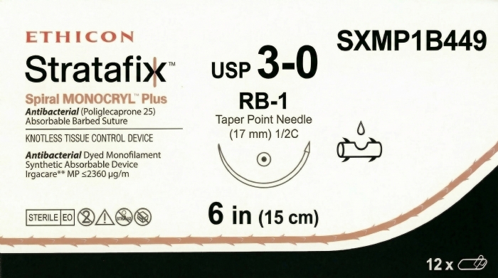 Ethicon STRATAFIX™ Spiral MONOCRYL™ Plus Antibacterial (Poliglecaprone 25) Absorbable Barbed Suture – USP 3-0 – 6 in (15 cm) – Dyed – RB-1 Taper Point Needle (17 mm) – SXMP1B449 (Box of 12)
