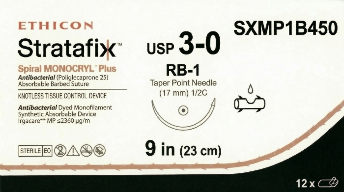 Ethicon STRATAFIX™ Spiral MONOCRYL™ Plus Antibacterial (Poliglecaprone 25) Absorbable Barbed Suture – USP 3-0 – 9 in (23 cm) – Dyed – RB-1 Taper Point Needle (17 mm) – SXMP1B450 (Box of 12)