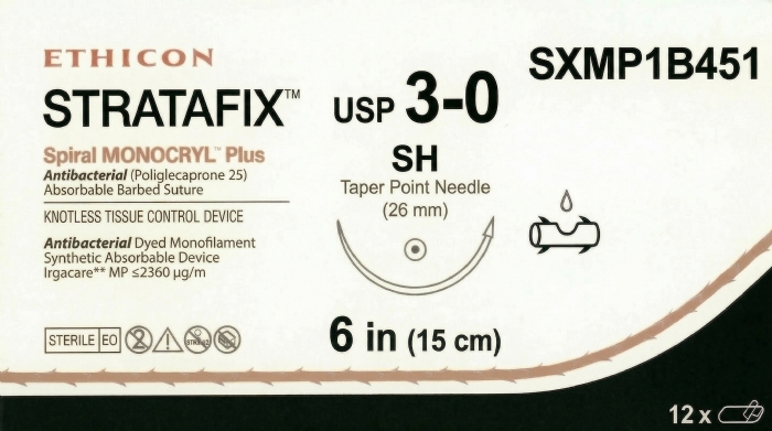 Ethicon STRATAFIX™ Spiral MONOCRYL™ Plus Antibacterial (Poliglecaprone 25) Absorbable Barbed Suture – USP 3-0 – 6 in (15 cm) – Dyed – SH Taper Point Needle (26 mm) – SXMP1B451 (Box of 12)