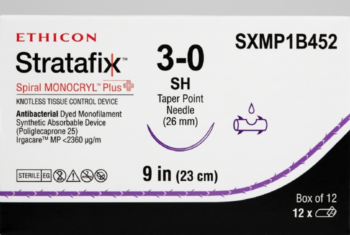 Ethicon STRATAFIX™ Spiral MONOCRYL™ Plus Antibacterial (Poliglecaprone 25) Absorbable Barbed Suture – USP 3-0 – 9 in (23 cm) – Dyed – SH Taper Point Needle (26 mm) – SXMP1B452 (Box of 12)