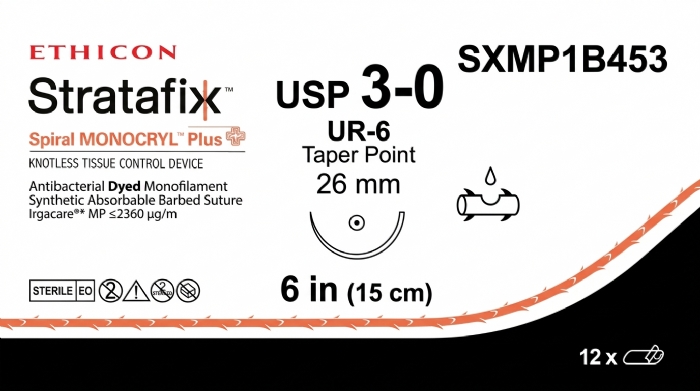 Ethicon STRATAFIX™ Spiral MONOCRYL™ Plus Antibacterial (Poliglecaprone 25) Absorbable Barbed Suture – USP 3-0 – 6 in (15 cm) – Dyed – UR-6 Taper Point Needle (26 mm) – SXMP1B453 (Box of 12)