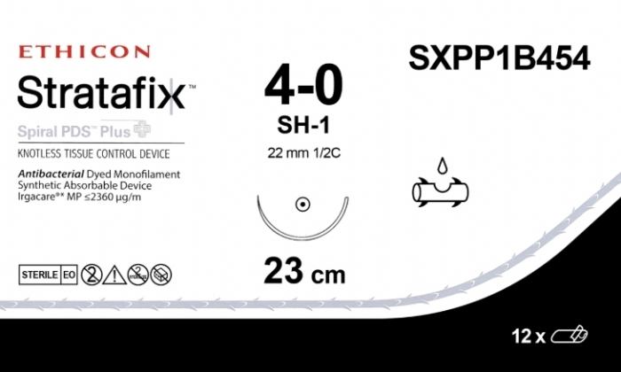 Ethicon STRATAFIX™ Spiral PDS™ Plus Antibacterial (Polydioxanone) Absorbable Barbed Suture – USP 4-0 – 9 in (23 cm) – Violet – SH-1 Taper Point Needle (22 mm) – SXPP1B454 (Box of 12)